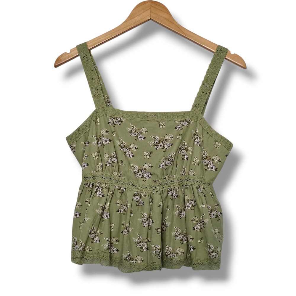 Sage Green Floral Cami Top M Womens Babydoll Crochet Lace Trim Boho Garden Party